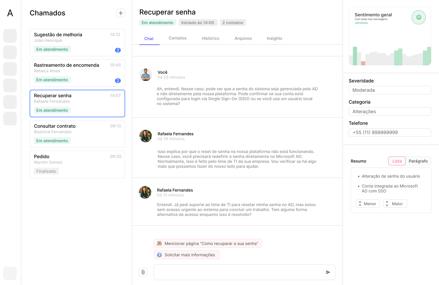 Print da tela de chamados do sistema com a lista de tickets, um chat e elementos de IA como resumo do ticket e análise de sentimento.